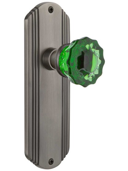Streamline Deco Door Set with Colored Fluted Crystal Glass Knobs Emerald in Antique Pewter.